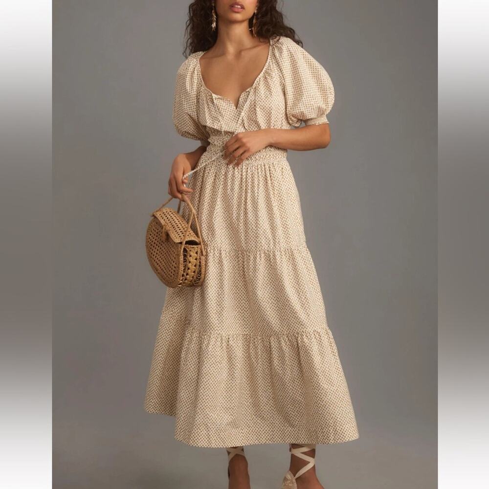Anthropologie Somerset Abstract Dot Tiered Maxi Dress Puff Sleeve White Tan NWT